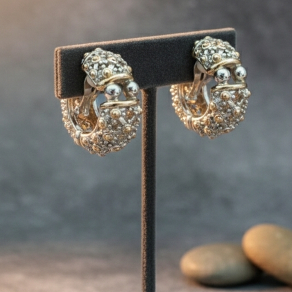 Vintage Two-Tone Caviar Beaded Huggie Hoop Clip-On Earrings